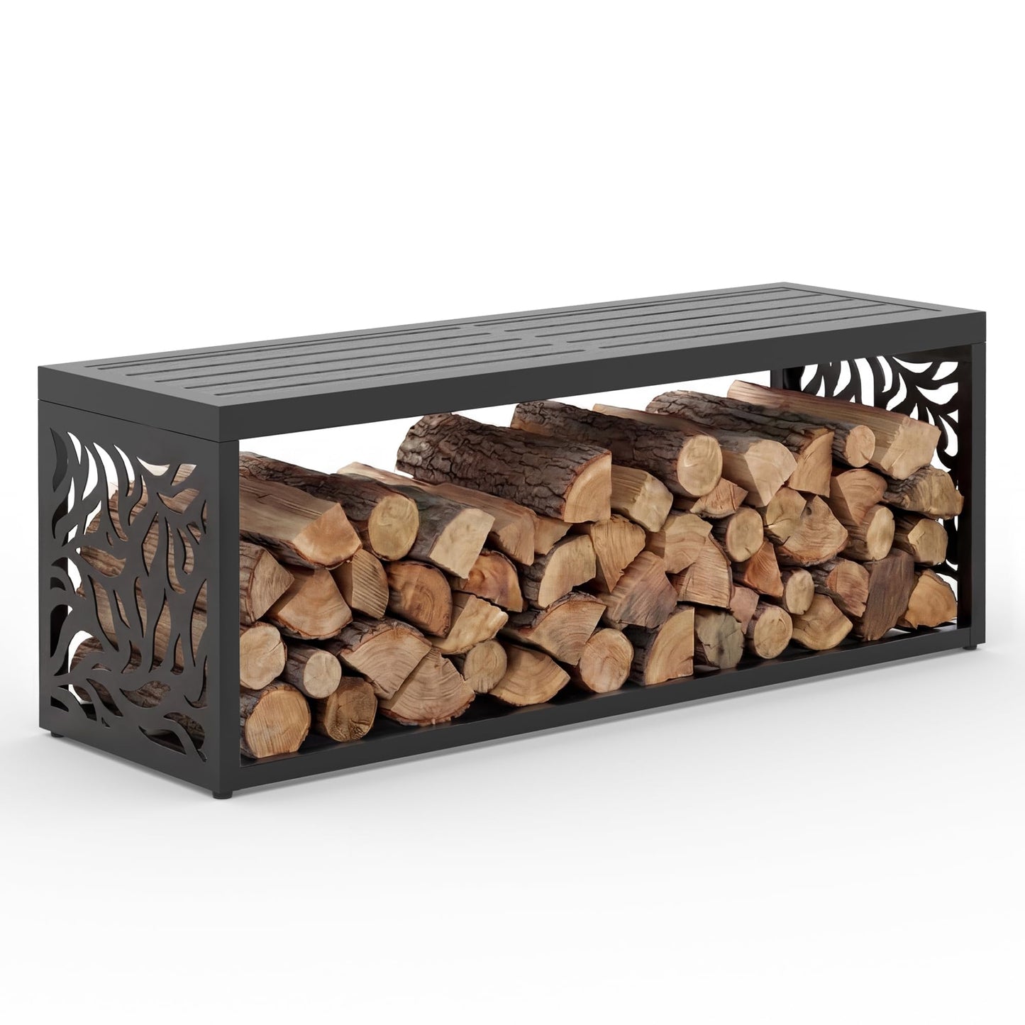 Orbotots 47" Outdoor Garden Bench with Storage Shelf, Modern Black Entryway Bench, Wood-Grain HDPE Seat, Galvanized Steel Frame with Powder Coating for Porch, Yard, Patio, Willow Leaf