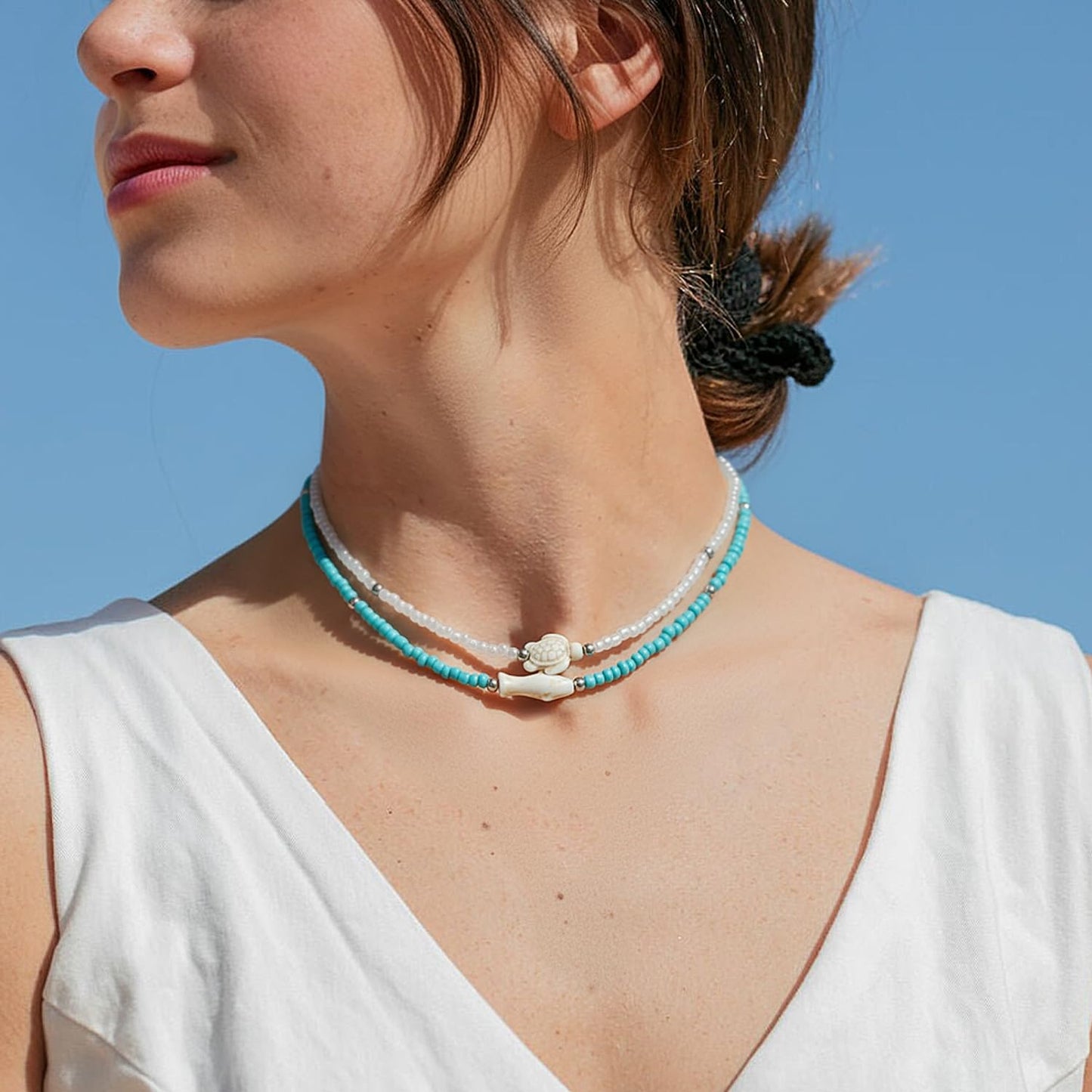 Lameybrt Cowrie Shell Surfer Necklaces, Hawaiian Beach Handmade Choker Set for Women, White Rice Bead with Black Accents, Bohemian Summer Seashell Choker 2 Piece Set, Perfect for Summer Beach Vacation, Birthday, Mother’s Day & Holiday Gifts (Shell 2A)