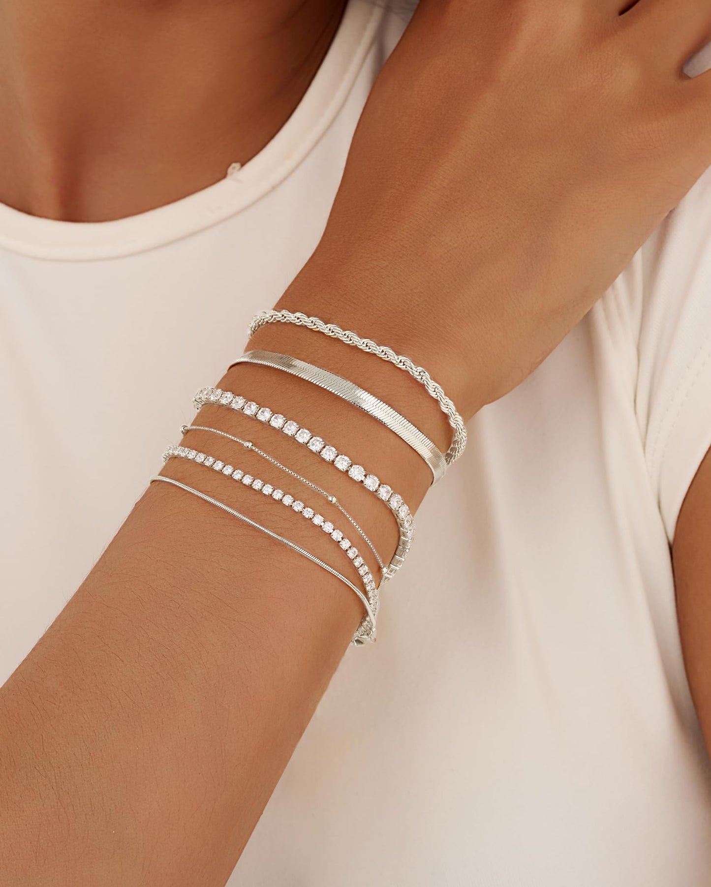 Gold Bracelets for Women 14K Gold Plated Stack Trend Bracelets Charm Paperclip Chain Cuban Link Layered Waterproof Bracelet Dainty Bracelet for Women Jewelry Gifts (6Psc Silver)
