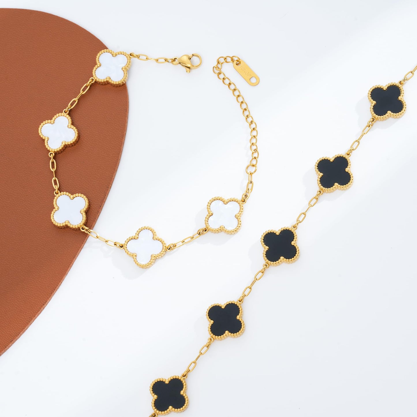 Acicihenn Waterproof Four-Leaf Clover Bracelet,Adjustable Link Double Sided Jewelry, Lovely Fashion Jewelry Gift for Women Black Bracelet + White Bracelet