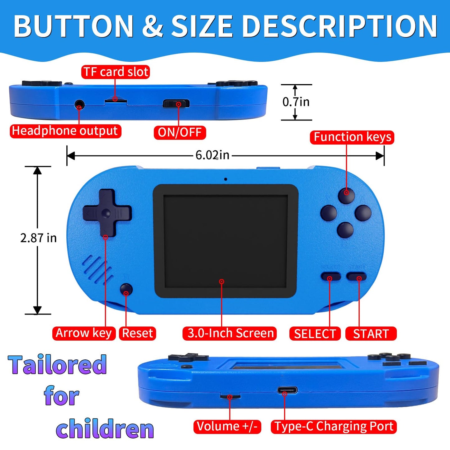 Damcoola Handheld Game Console for Kids– A fun toy for both kids and adults! This console features a 3.0-inch screen and comes preloaded with 300 classic games. Perfect as a birthday gift for children