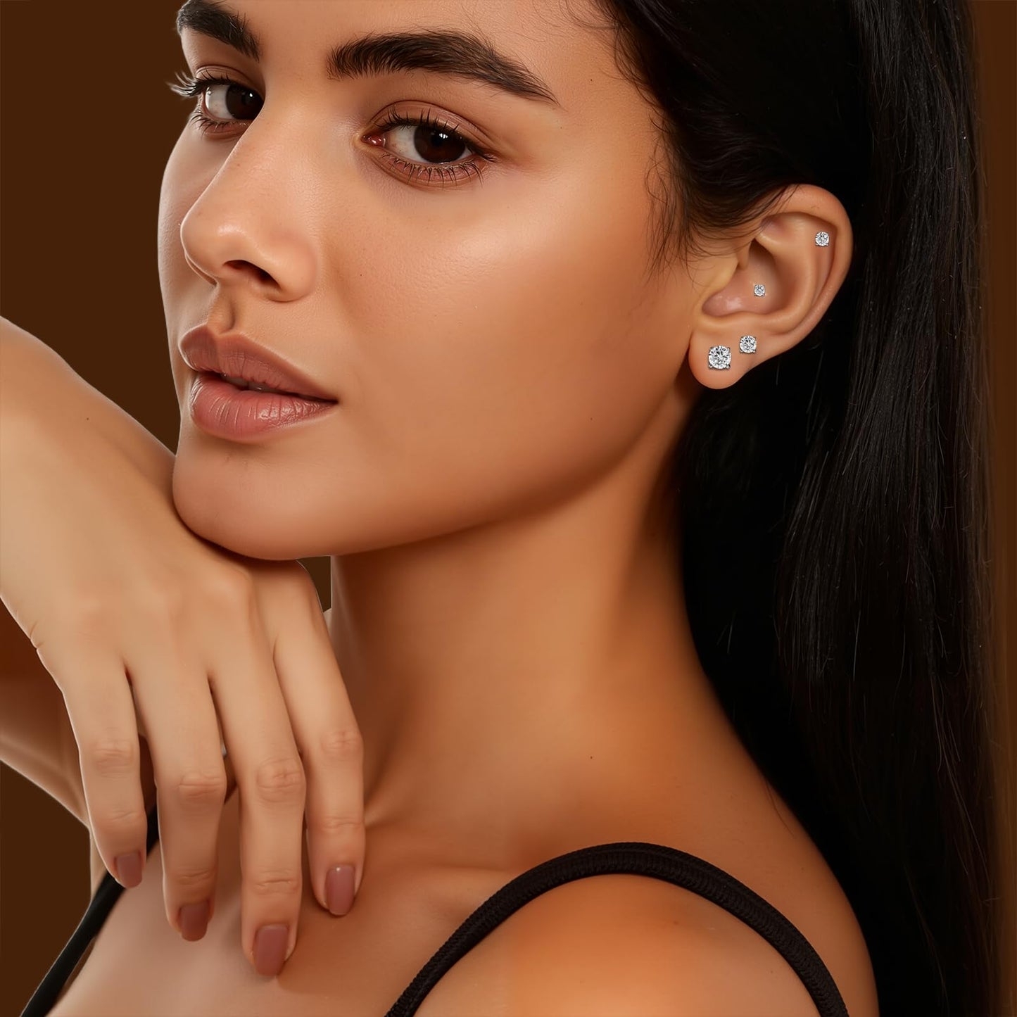 Gemsme 6 Pairs Cubic Zirconia Stud Earrings for Women/Men - 3-8mm Round Cut 4 Prong Settings 18K Gold Plated Hypoallergenic Earrings Set -White Gold