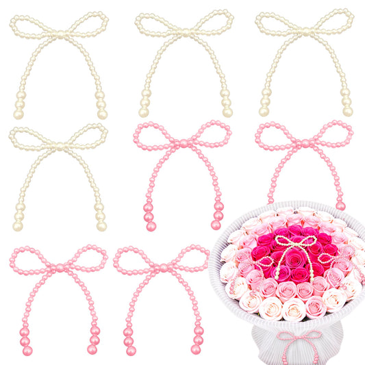 8PCS Pink White Pearl Bow Decoration for Bouquets Pearl Bow Cake Decor Topper Beaded Bridal Shower Decoration for Wedding Bridal Shower Birthday Gift Wrapper