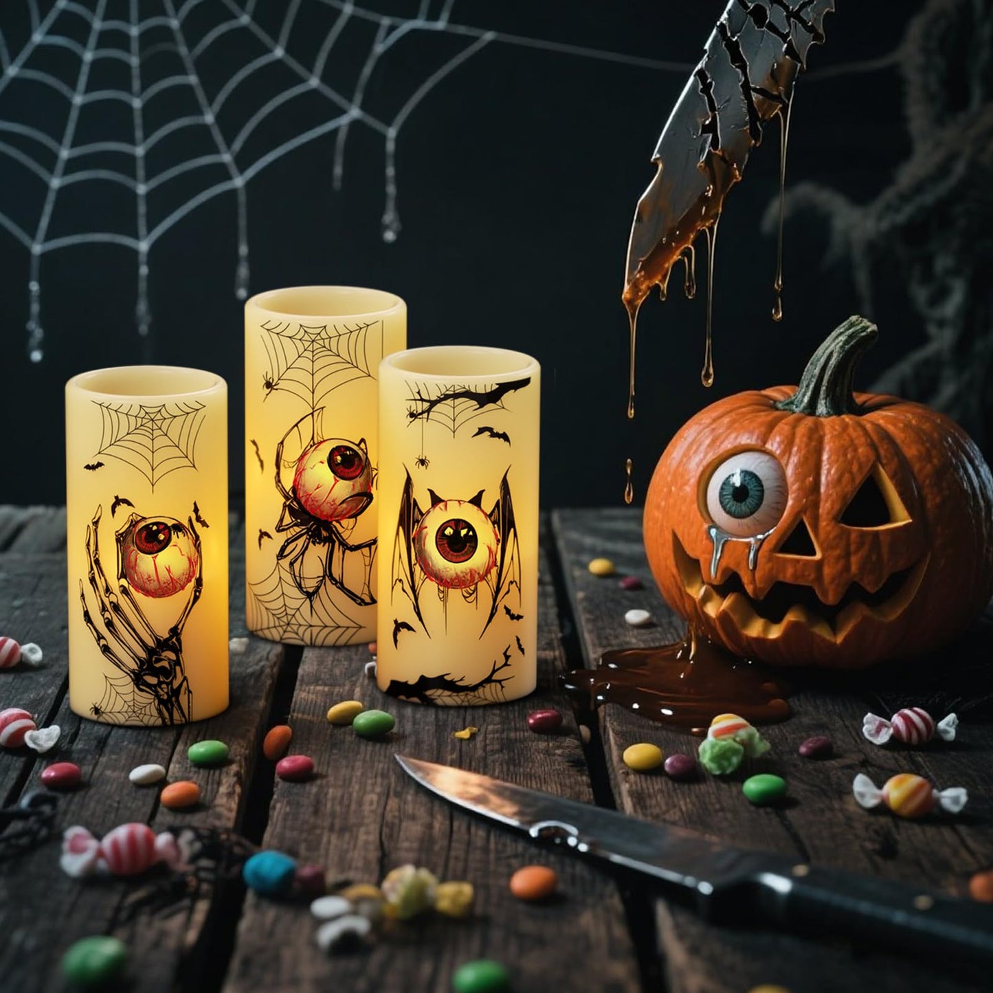 DRomance Halloween Flameless Flickering Candles Battery Operated with Timer, 3 Pack Real Wax LED Pillar Candles Spooky Bloody Eyes Spider Decals Dinner Halloween Decorations Indoor(3" D x 6"" H)"