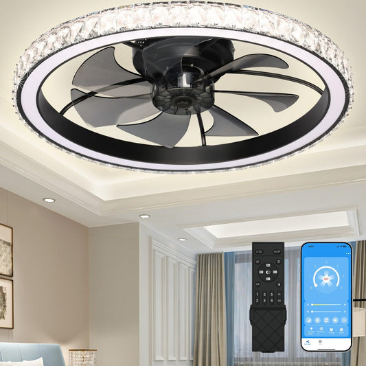 Aipsun 26" Low Profile Modern Crystal Chandelier Ceiling Fans with Lights and Remote, 3000K-6500K Smart Bladeless LED Fan Light, Black Modern Ceiling Fans with Lights for Bedroom