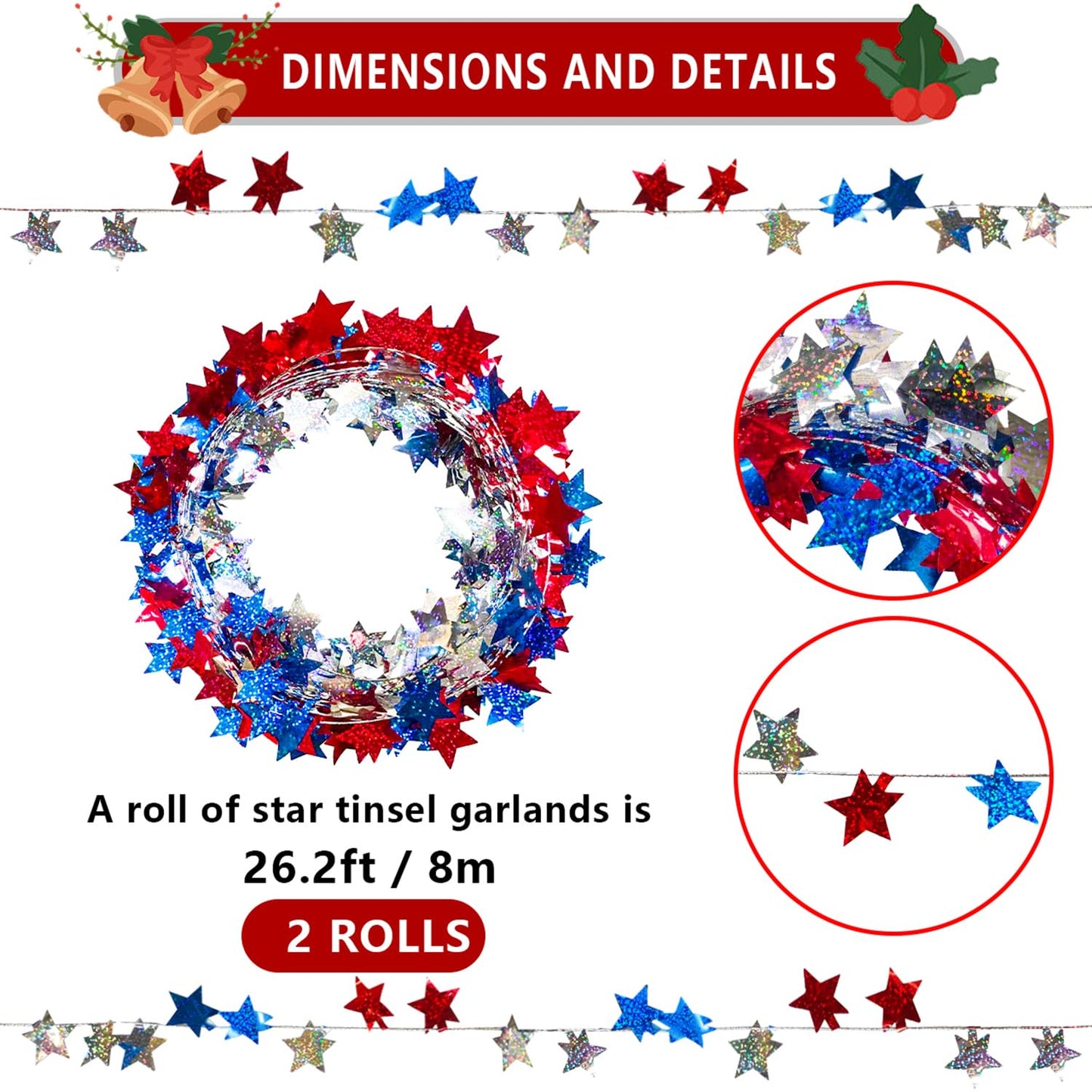 2 Rolls Patriotic Wire Star Garland, Red Blue Silver Star Tinsel Garlands with Wire, Fourth of July Party Decor, Independence Day Birthday Party Festive Ornament