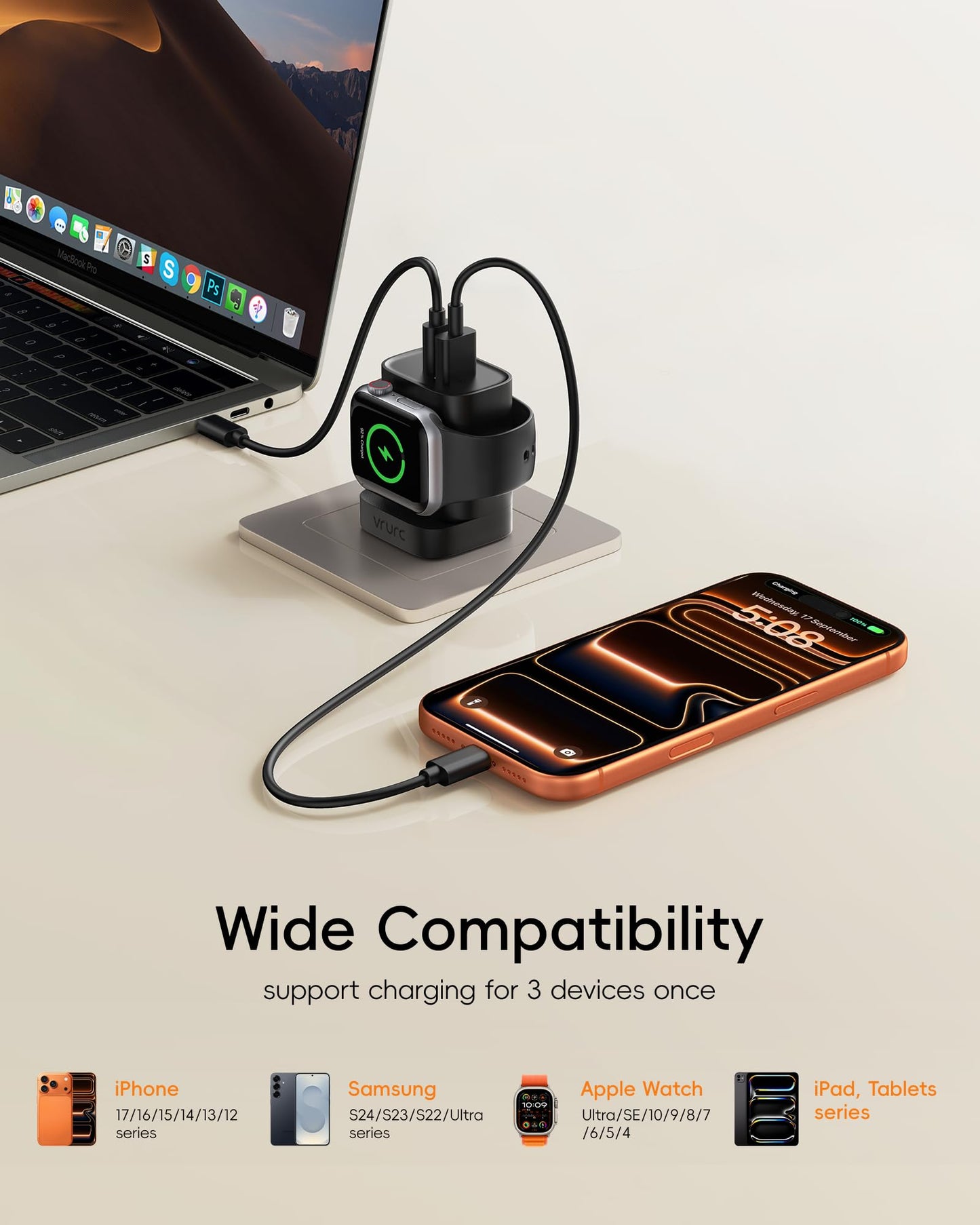 VRURC Charger for iPhone & Apple Watch, 20W USB C Fast Charging Block, 3-in-1 Compact Travel Adapter with 2 Port for iPhone 17/16/15/14/13, Wireless Magnetic for iWatch SE/11/10/9/8/7/6/5/4-Black