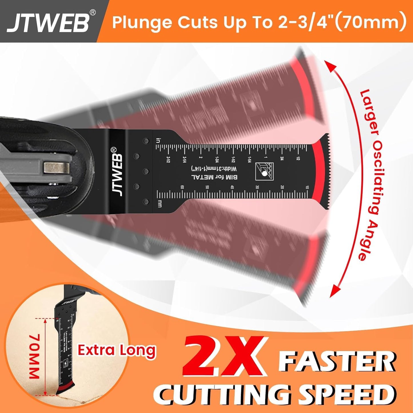 JTWEB Extra Long Oscillating Saw Blades - 30PCS Arc-Shaped Edge Bi-Metal Multitool Blades Precise Cut for Wood with Nails, Metal, Universal Quick Release Power Oscillating Tool Blades Kits