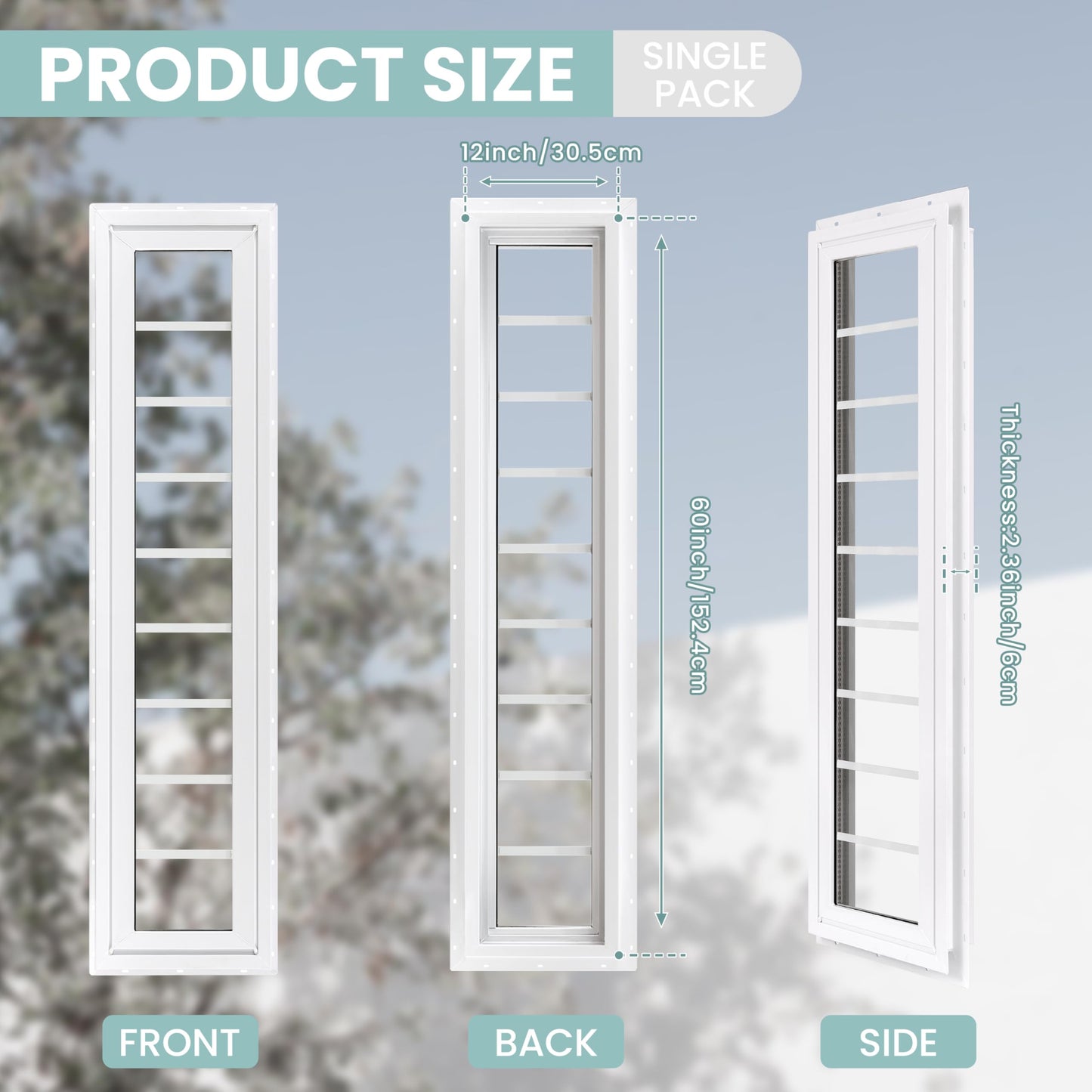 Vinyl Transom Household Window, 12" x 60" Double Pane Fixed Window with Grids and Tempered Glass for House, Garage (White)