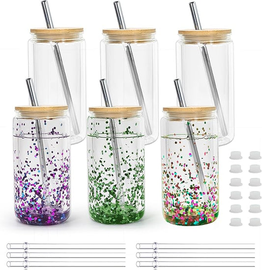 16 oz Acrylic Snow Globe Tumbler Snow Globe Cups Double Wall Snowglobe Tumbler with Pre Drilled Hole Clear Plastic Cups with Bamboo Lids and Straws for Iced Coffee Boba Juice Soda 6 Pack