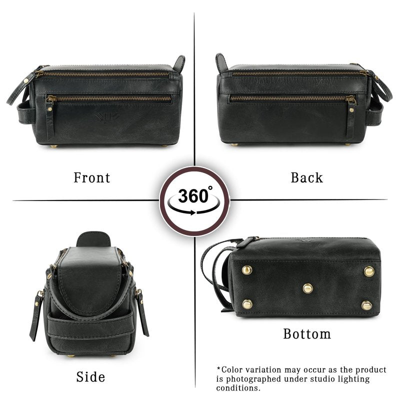 LushLuxeoria Premium Handmade Leather Toiletry Bags for Men and Women, Genuine Leather Dopp Kit and Shaving Bag for Men, Travel Cosmetic Bag for Women's and Men's, Zipper Pocket, Black