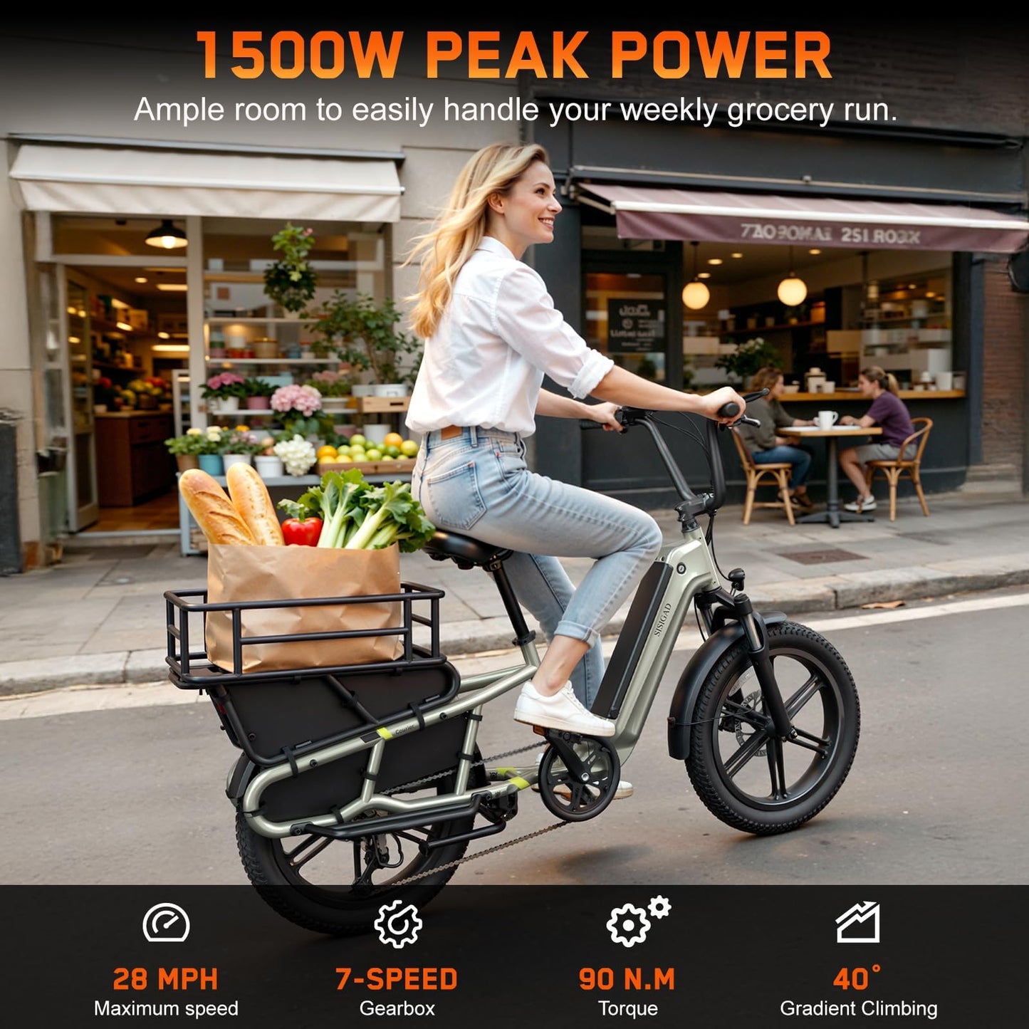 SISIGAD Family Electric Bike with Child Seat,1500W Peak Motor Ebike with 48V/15A Removable Battery,28 mph,80 Mile, 20" Fat Tire E Bike, Electric Cargo Bike Suitable for Commuting and Shopping (Sage)