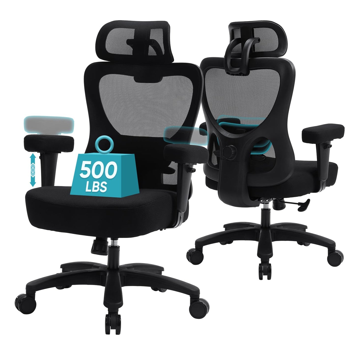 500lbs Big and Tall Office Chair Heavy Duty Office Chair with Adjustable Lumbar Support & Headrest,Ergonomic Mesh High Back Computer Desk Chair, Extra Wide Seat Chair