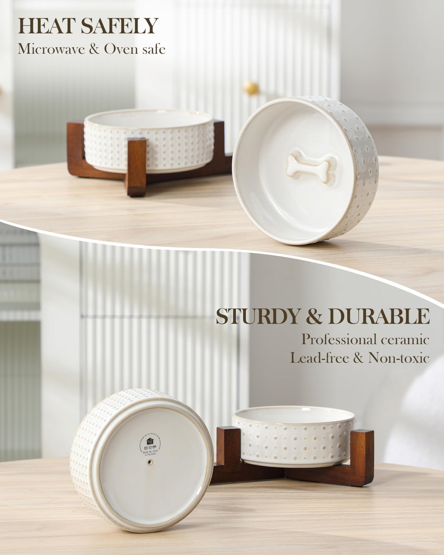 MALACASA Dog Bowl Set with Walnut Wood Stand, 1.5 Cups Ceramic Pet Bowls for Puppy Dogs, Dual Food and Water Bowls with Weighted Non-Slip Base, Basic Bowls for Your Dog or Cat, Rhombic & Polka Dots