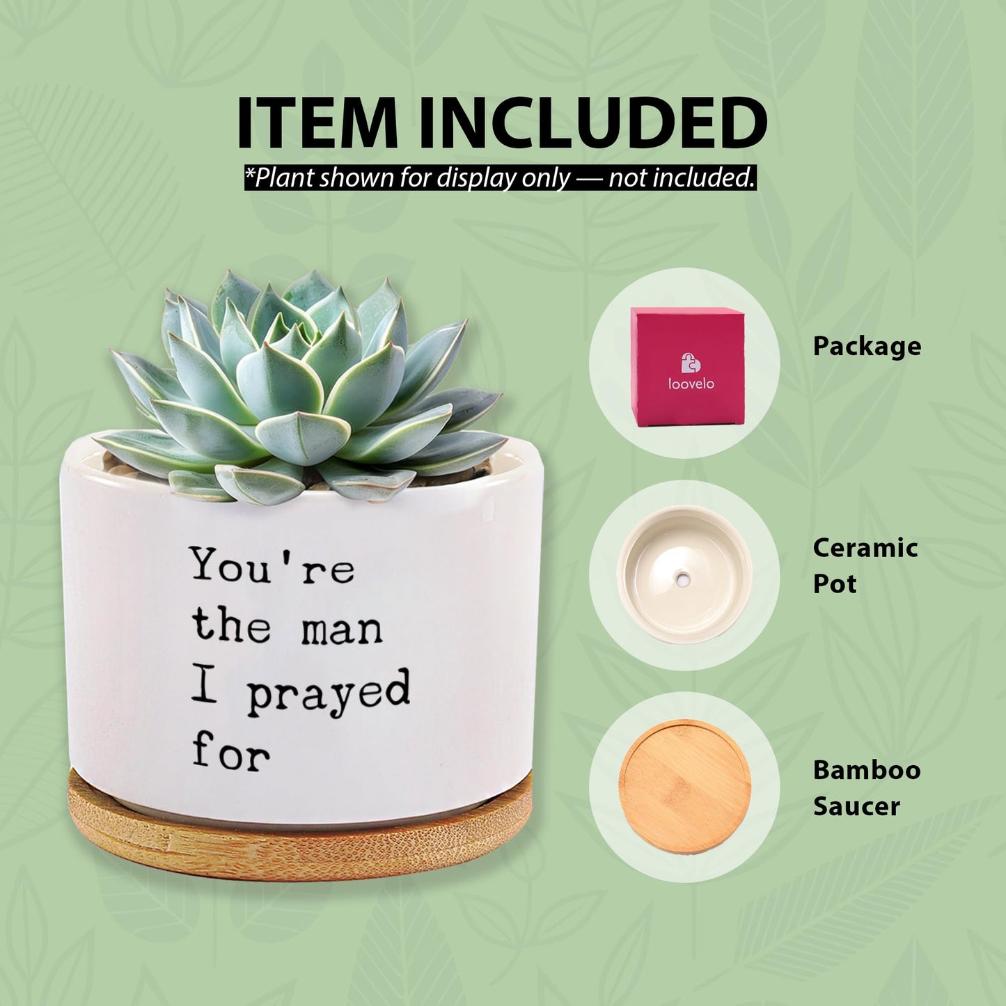 You're The Man I Prayed for Husband Boyfriend Gifts Ceramic Succulent Plant Pot with Bamboo Tray Round Romantic from Wife Girlfriend Anniversary Home Decor Plant Lover 3.5 Inch White (No Plants)