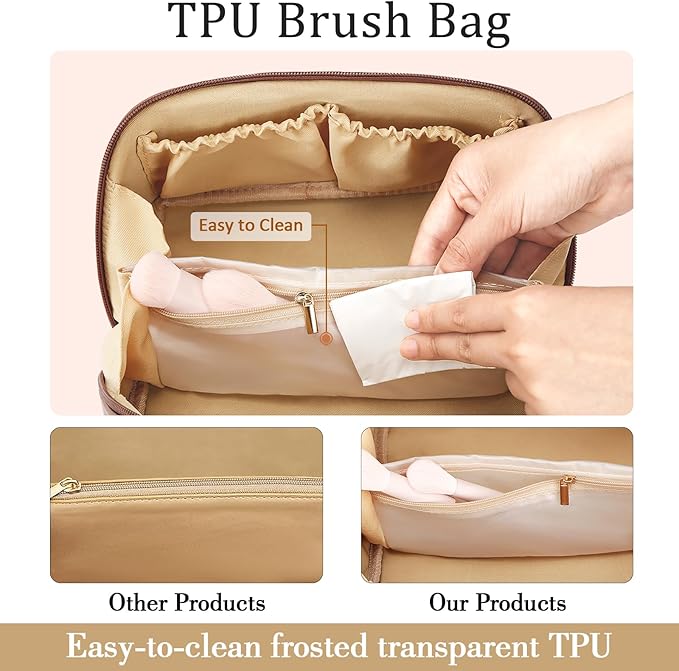 Birthday Gifts for Women Teen Girl, Personalized Initial Makeup Organizer Bag Set, Open Flat Travel Cosmetic Bag With Clear Divider and Handle(Coffee,L)
