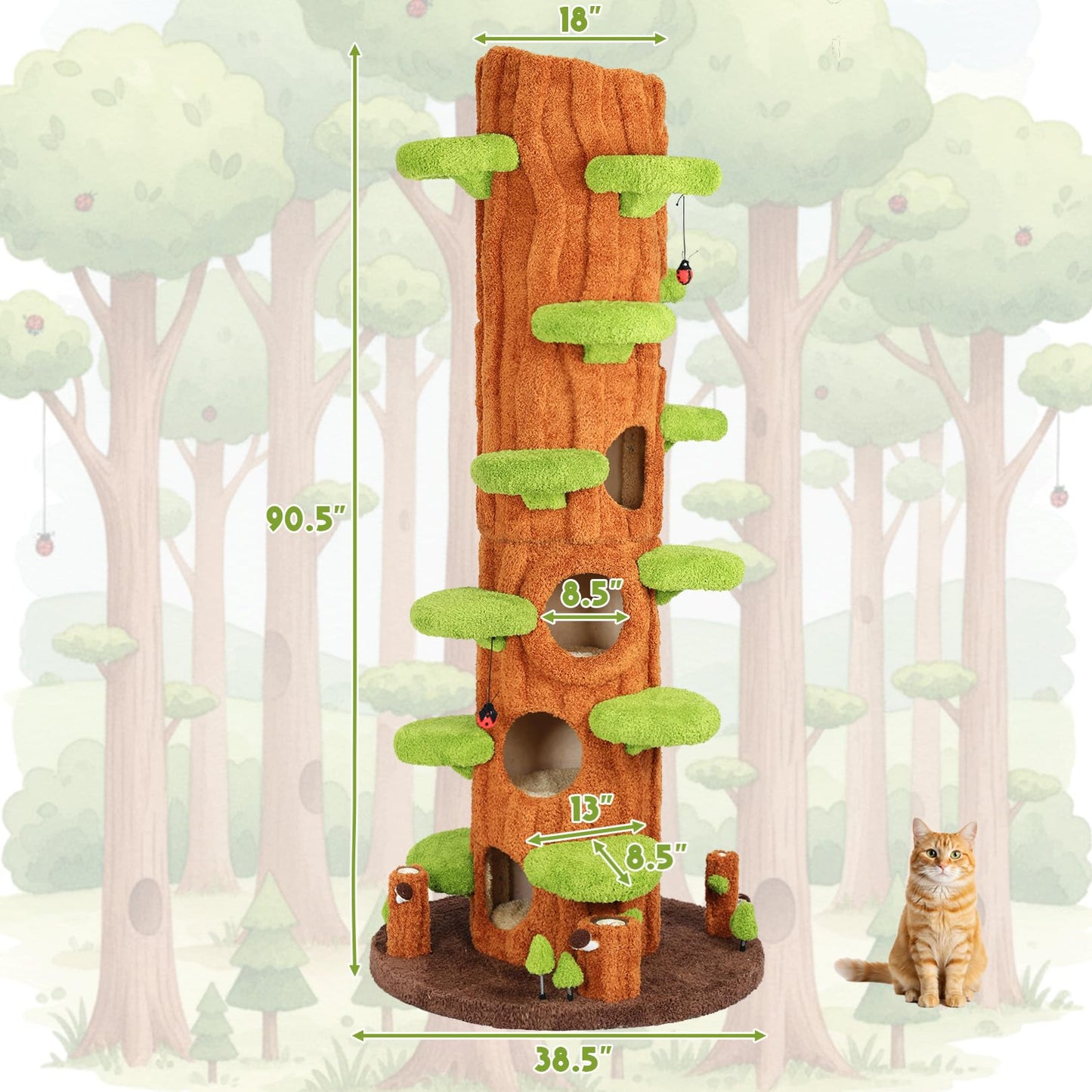 NUNU LAB 90.5 Inch Tall Cat Tree - Large Magic Forest Cat Tree Tower with Sisal Scratching Posts, Side Hideout & Platforms, Multi-Level Solid Wood Cat Condo with for Multi-Cat Homes (Large Green)