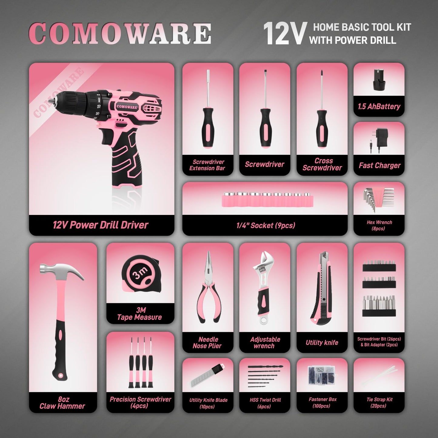 COMOWARE Pink Household Tool Set with 12V Cordless Drill Driver, Hand Tool Kit for Women, Power Drill Set with Plastic Toolbox, Ideal for Office, Garden, DIY Project