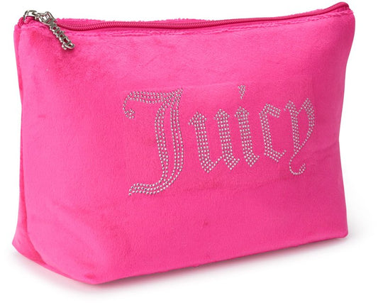Juicy Couture Hot Pink Makeup Bag Cosmetics Organizer Travel Essentials Zip Top Wedge Velour Rhinestones