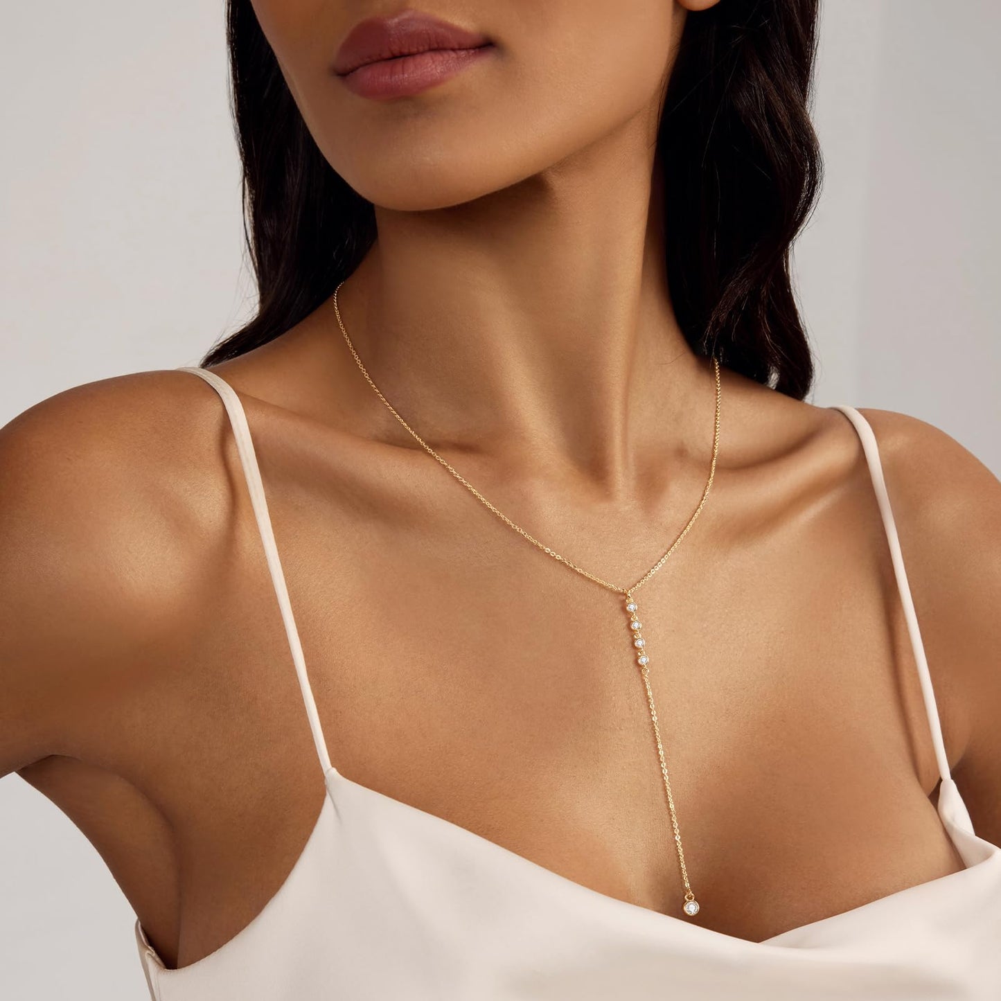 Zeffy Long Gold Necklace for Women - Dainty 14k Gold Plated Teardrop Drop Lariat Necklace Trendy Simple CZ Y-Shaped Body Chain Wedding Prom Dangle Statement Necklace Jewelry Gifts