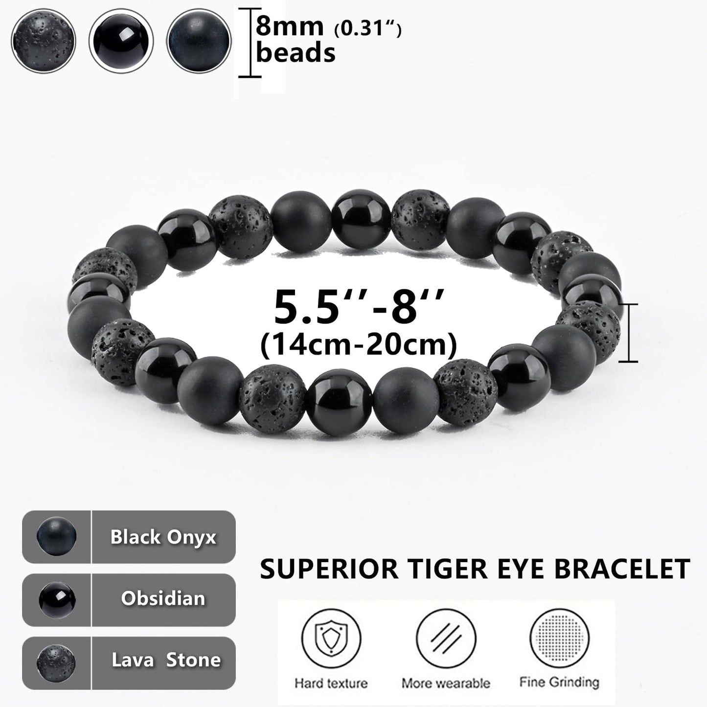 SAMXY Mens Bracelets Beads-8MM Black Onyx Obsidian Lava Stone Beads-3Pcs Handmade Natural Stone Crystal Healing Bracelet-Triple Protection Bracelet for Men Women Gifts