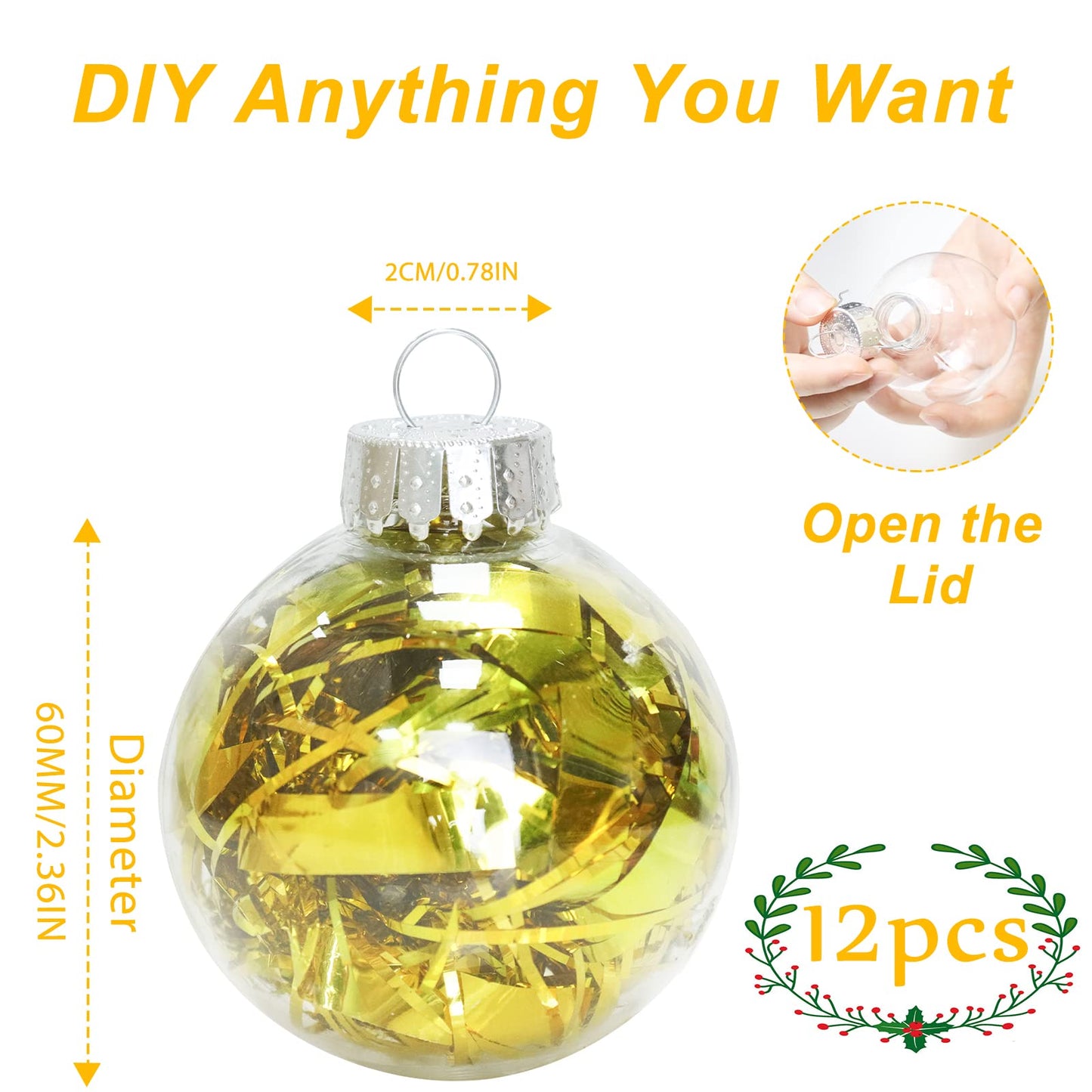 12Pcs 60mm Clear Plastic Christmas Ball Ornaments 2.36'' Round Clear Plastic Fillable Bulb DIY Craft Ornaments Shatterproof Xmas Tree Hanging Balls for Holiday, Wedding, Birthday, Christmas Wreath
