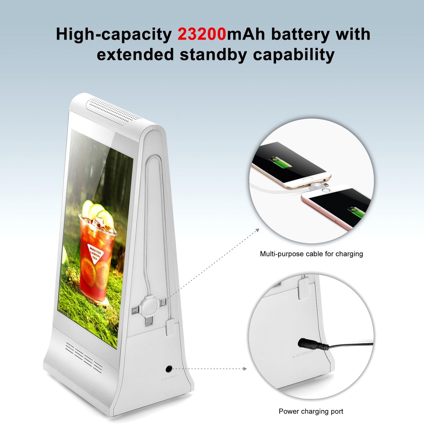 Digital Signage Display for Tabletop ,Interactive Digital Signage with Double 8 inch LCD Touch Screen and WIFI Connected,Rechargeable 23200mAh Battery,Portable Advertising Kiosk for Restaurants,Bar, Hotel ,Cafe (White)