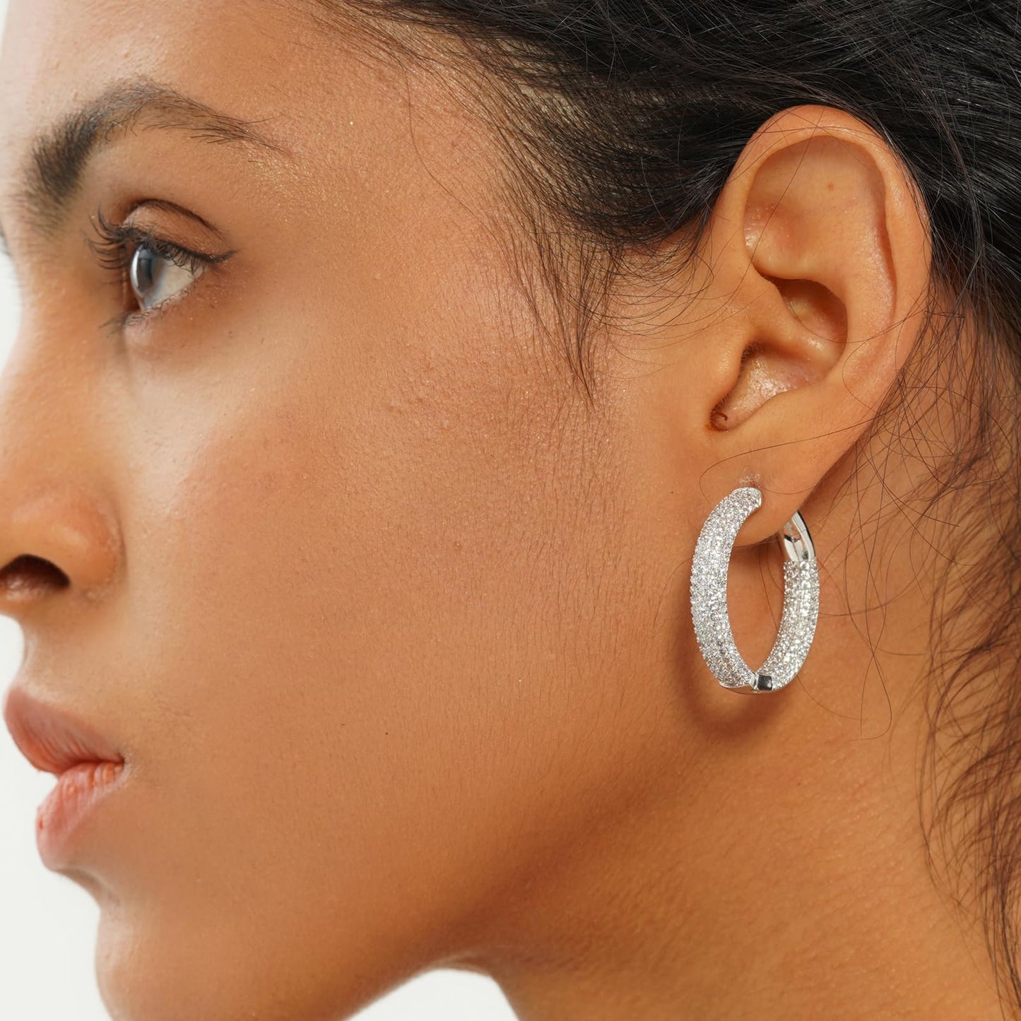 TOPGRILLZ Iced Out Hoop Earrings Cubic Zirconia Huggie Cartilage Cuff Hypoallergenic 14K Gold Plated Luxury Fashion Round Circle Earrings For Women-29mmSilver