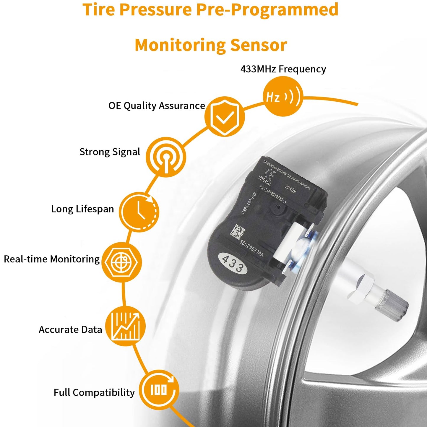 JUEDIMA TPMS Sensor, 433MHz Tire Pressure Monitor Sensor Compatible with Chrysler 300, Town & Country, Charger, Journey, Magnum & Routan 2006-2010, Replace# 56029527AA, 4PCS Set