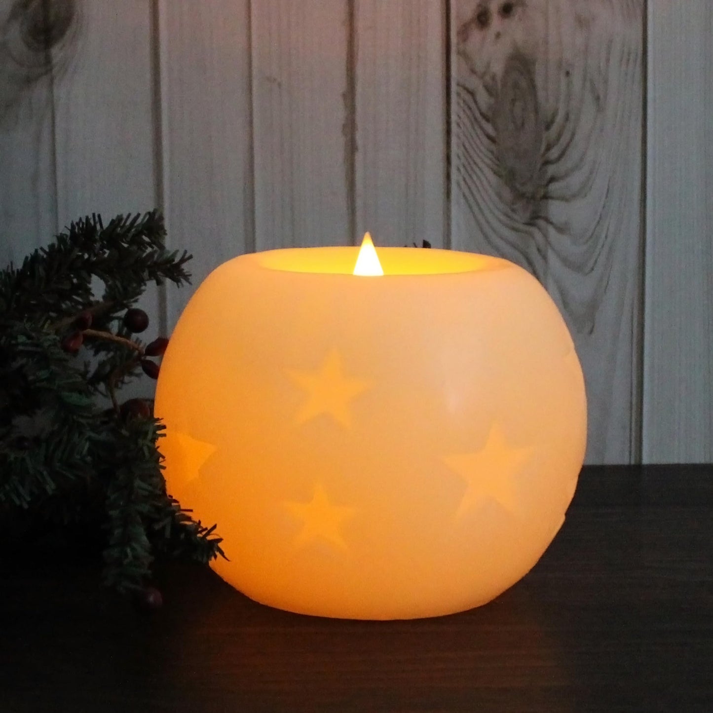 CVHOMEDECO. Moon Sphere Wax LED Dancing Flame Candle Ball Battery Operated Wax LED Flameless Candle with Timer and Remote Control (5" Dia. X 4"" H)"