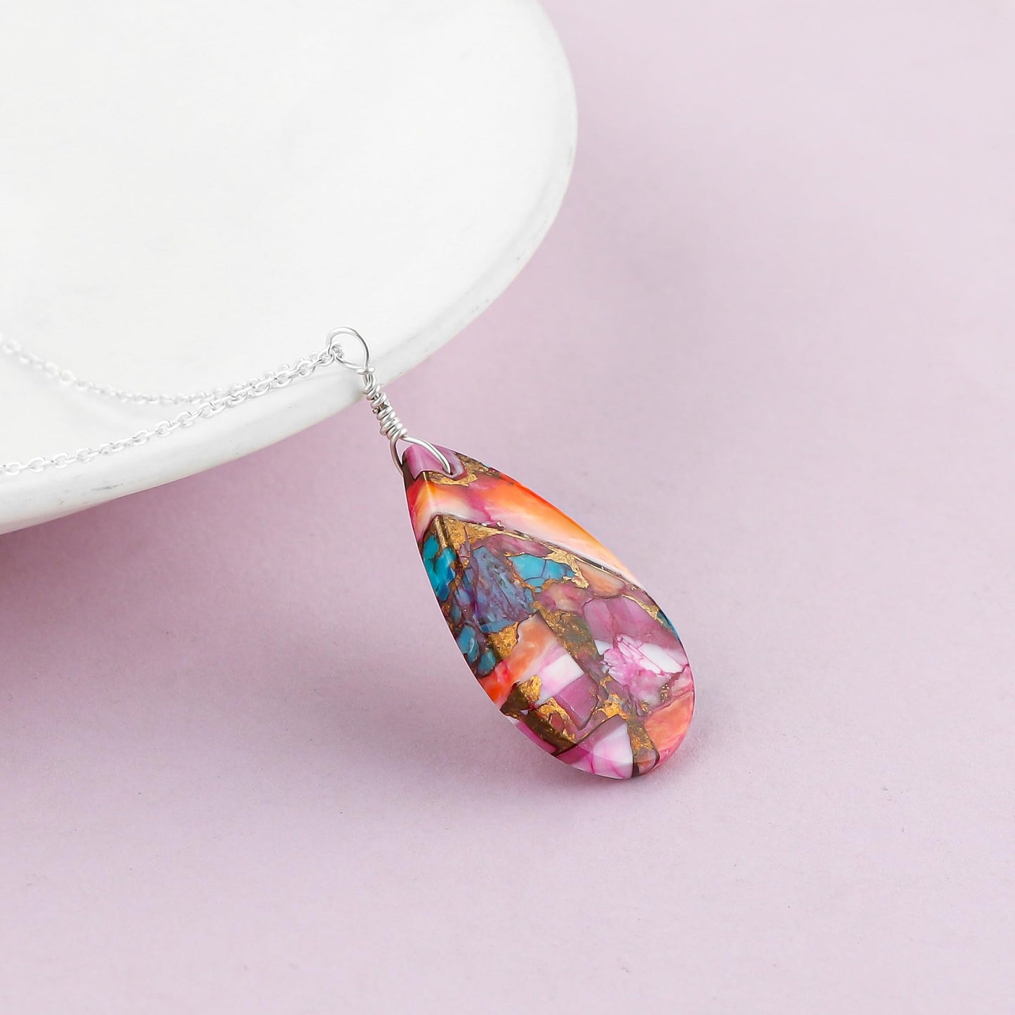 Yashee Natural Turquoise Pear Shape Crystals Pendant Necklace, Chakra Energy Healing Gemstone, Real Crystal, Top Grade, Beautiful Women Simple Jewelry, Dainty Silver Plated Jewelry 18 inch
