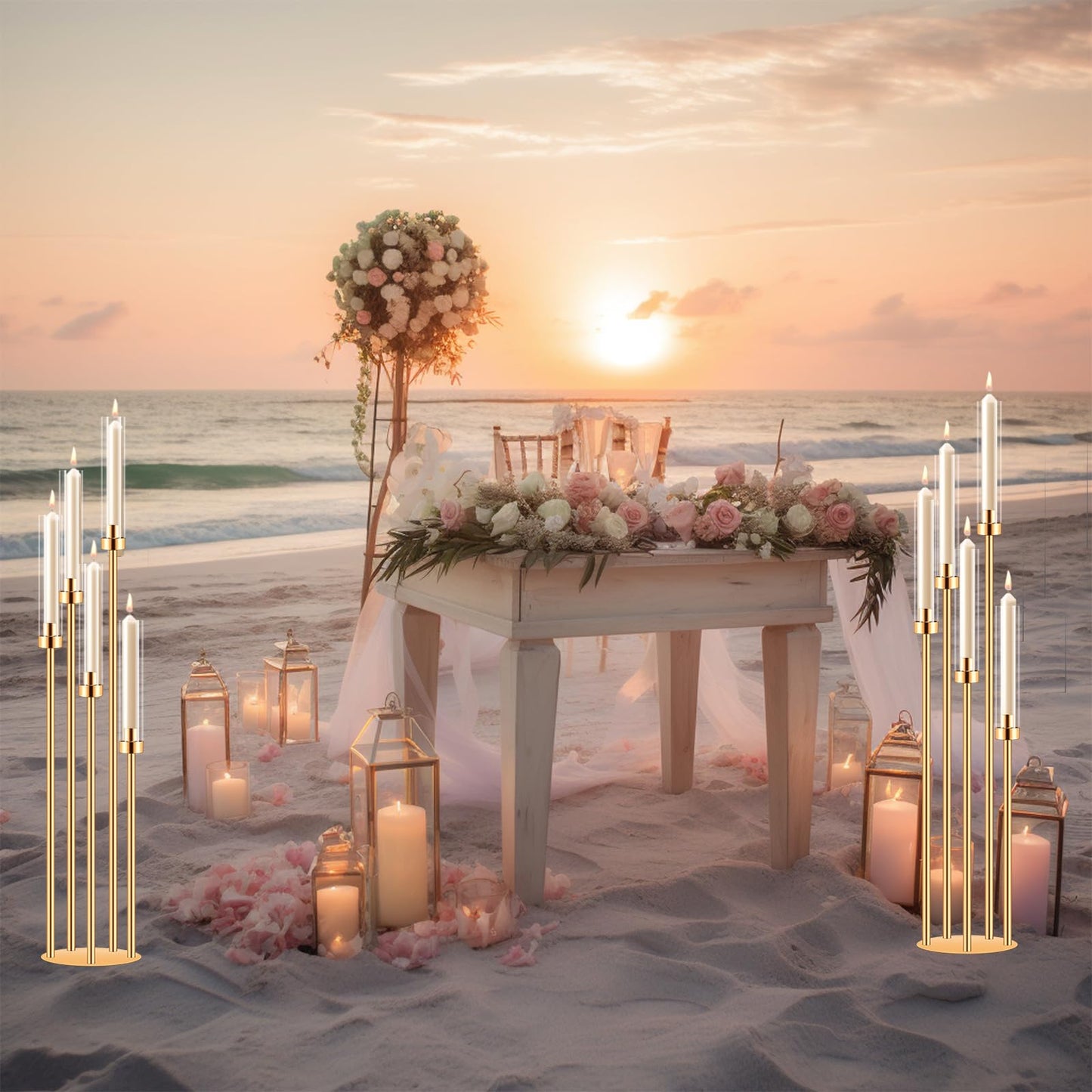2 Sets Candelabra Centerpieces for Tables,42'' Tall 5 Arms Candlesticks Holder with Lampshade,Wedding Centerpieces,Gold Candle Holders for Wedding,Home Decoration Housewarming Gift,Fit LED Candles