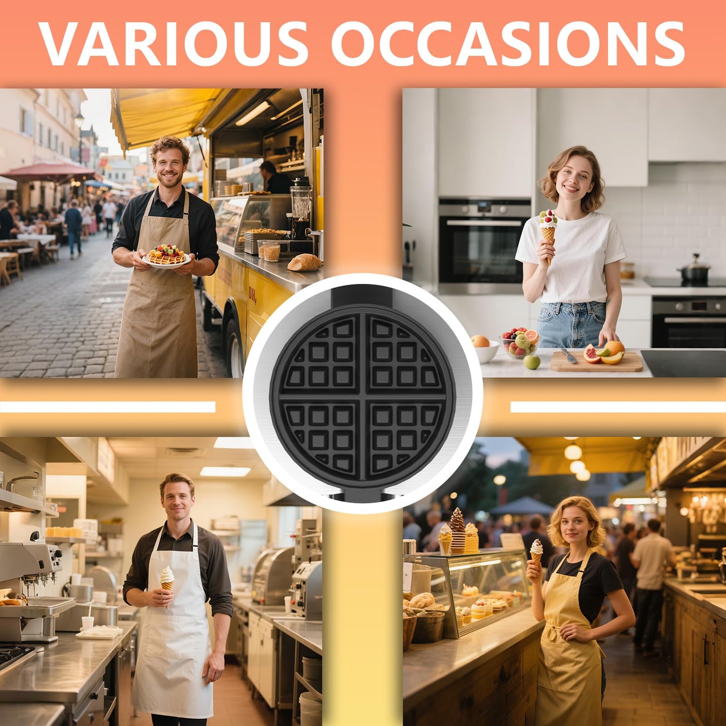 POPFOODEX Belgian Waffle Maker, 110V Industrial Waffle Maker w/Non-Stick Coating and Adjustable Temperature (122-572°F), 1200W Rotary Commercial Waffle Machine w/Timer, Restaurants and Food Trucks