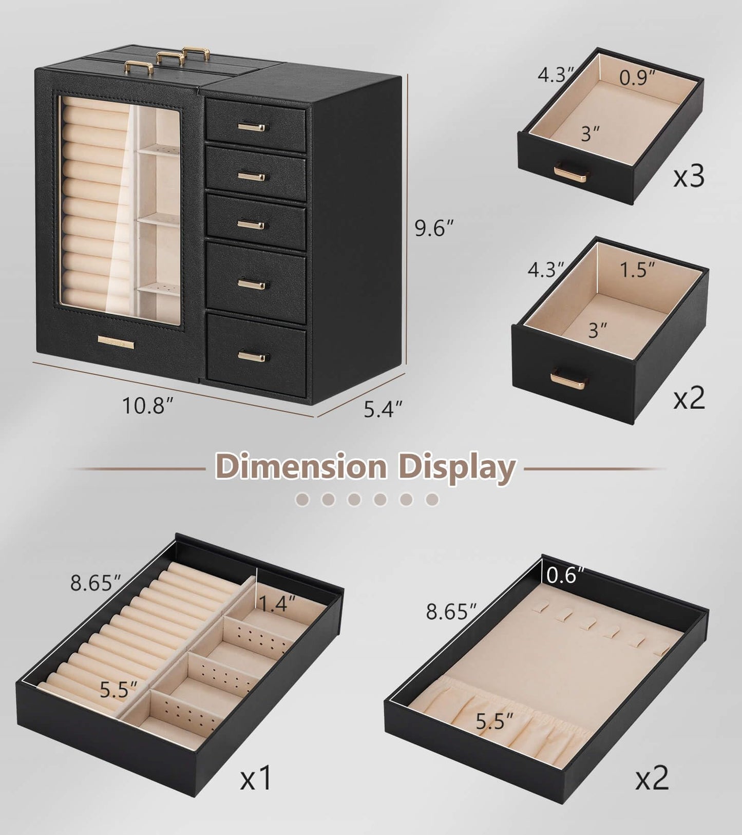 Homde Jewelry Organizer large for Dresser: Big Jewelry Box for Women - Holder with Drawers - Elegent Necklace Earring Ring Display Modern Gift (Black)