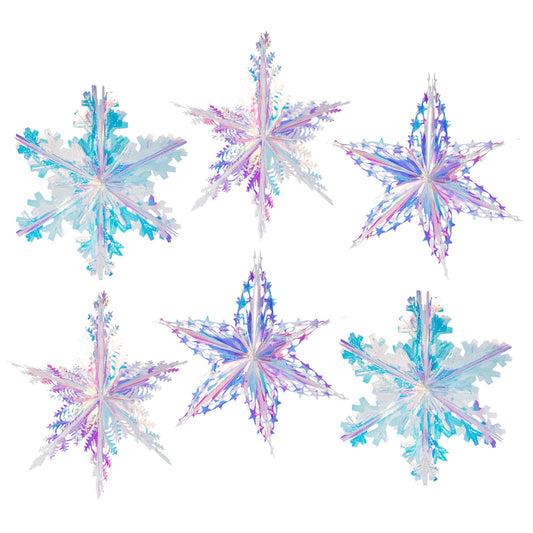 6pcs 16 Inch Iridescent Snowflake Ornament Hanging Decoration Clear Foil Decorative Lace Edge Snowflake Folding Rainbow Ornaments for Bridal Shower Wedding Birthday Frozen Christmas Theme Decoration