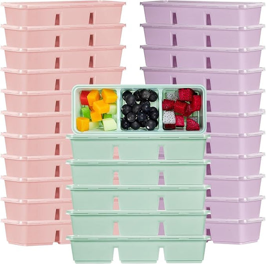 Hushee 25 Pack 17 oz Small Meal Prep Containers with 3 Compartments Snack Containers with Lid Disposable Plastic Bento Box Travel Lunch Food Boxes Stackable for Office Picnic (Purple,Pink,Mint Green)