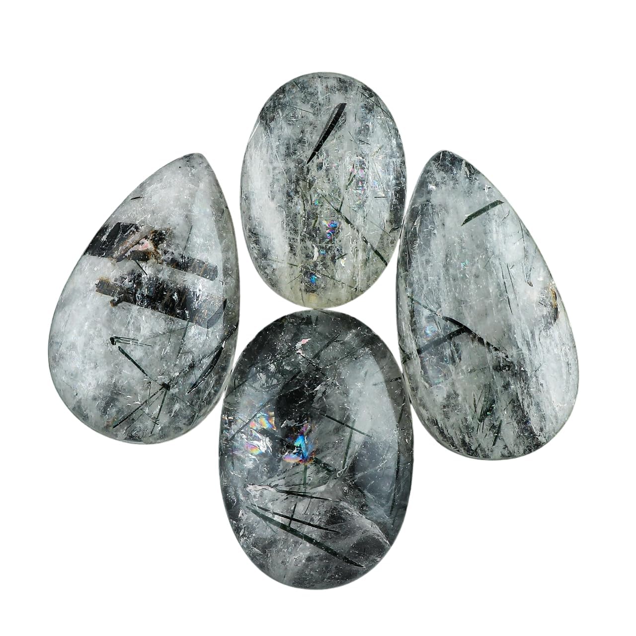 CRYSTALIS Wholesale 4pcs Natural Green Rutile Quartz Loose Gemstone Bulk Cabochons Jewelry Making Supply, Chakra & Healing Polished Stones, Wire Wrapping, DIY, Gem Collection