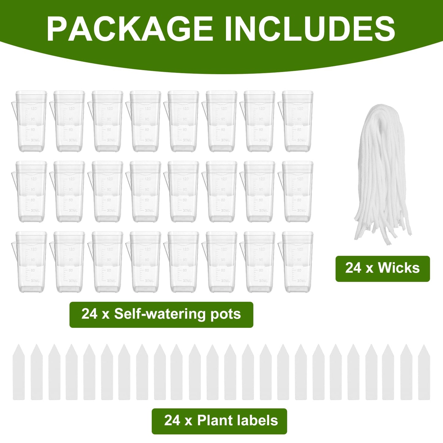 24 Pack 2" Small Self Watering Pots for Indoor Plants Mini Clear Plastic Planters with Water Level and Drainage Holes with Plant Labels and Wick Cord for Succulents, Propagation, and African Violet
