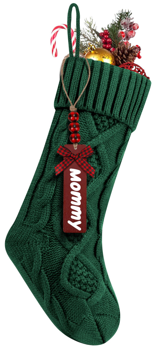 1Pack Personalized Christmas Stockings with Wooden Name Tags, 18 inches Xmas Cable Knitted Stocking for Holiday, Hanging Decoration Gifts for Family Party(Green)