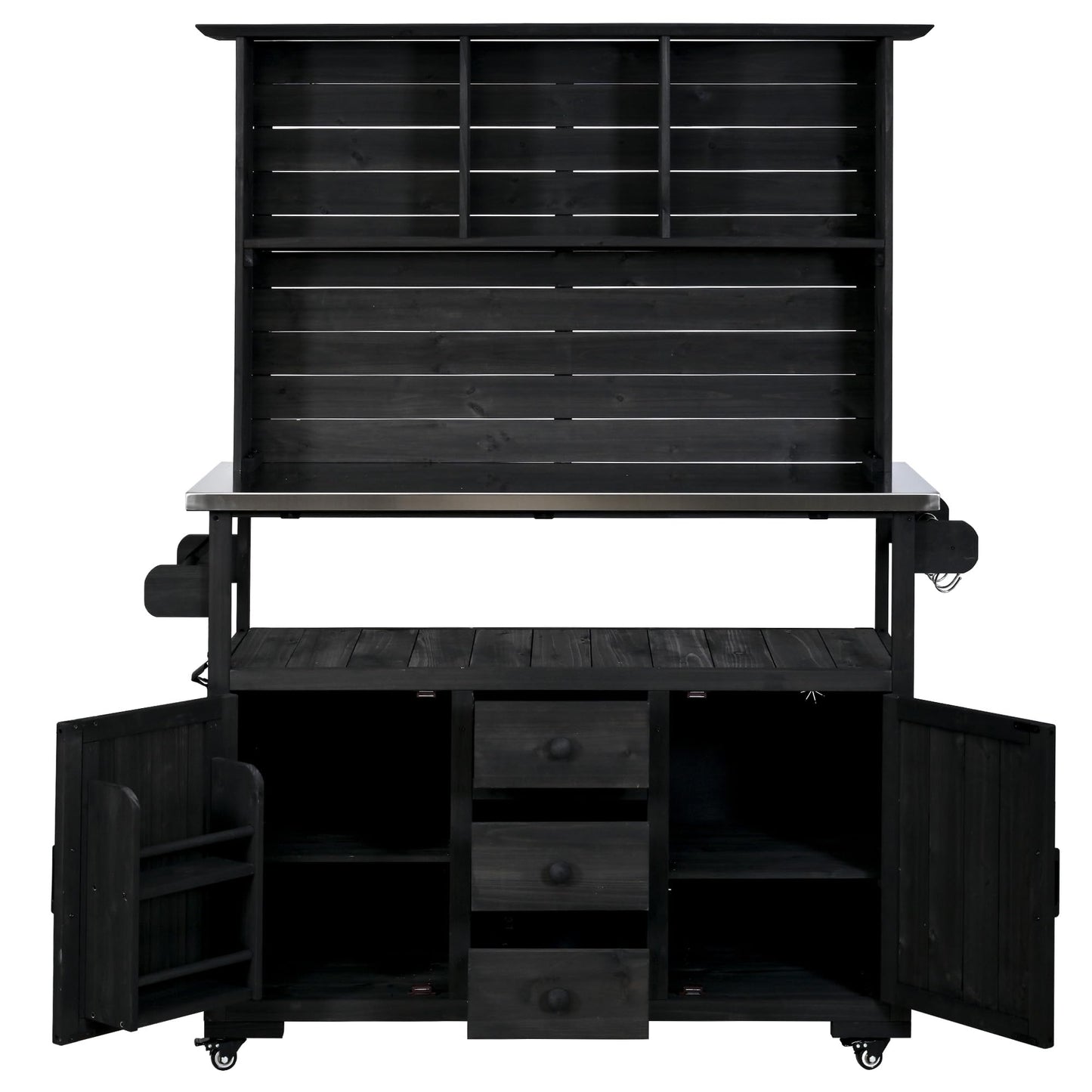 Merax 65''H Large Garden Storage Potting Bench with Lockable Wheels, Wood Outdoor Kitchen Island with Stainless Steel top, Drawers, Door Shelves and Hutch for Grilling, Black
