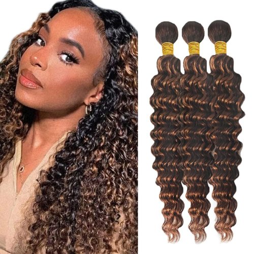 Giginger Bundles Human Hair Deep Wave Human Hair Bundles 16 18 20 Inch Brazilian Chocolate Brown Highlight P4/30 Unprocessed Quick Weave Soft Sewn In Hair Extensions for Black Women