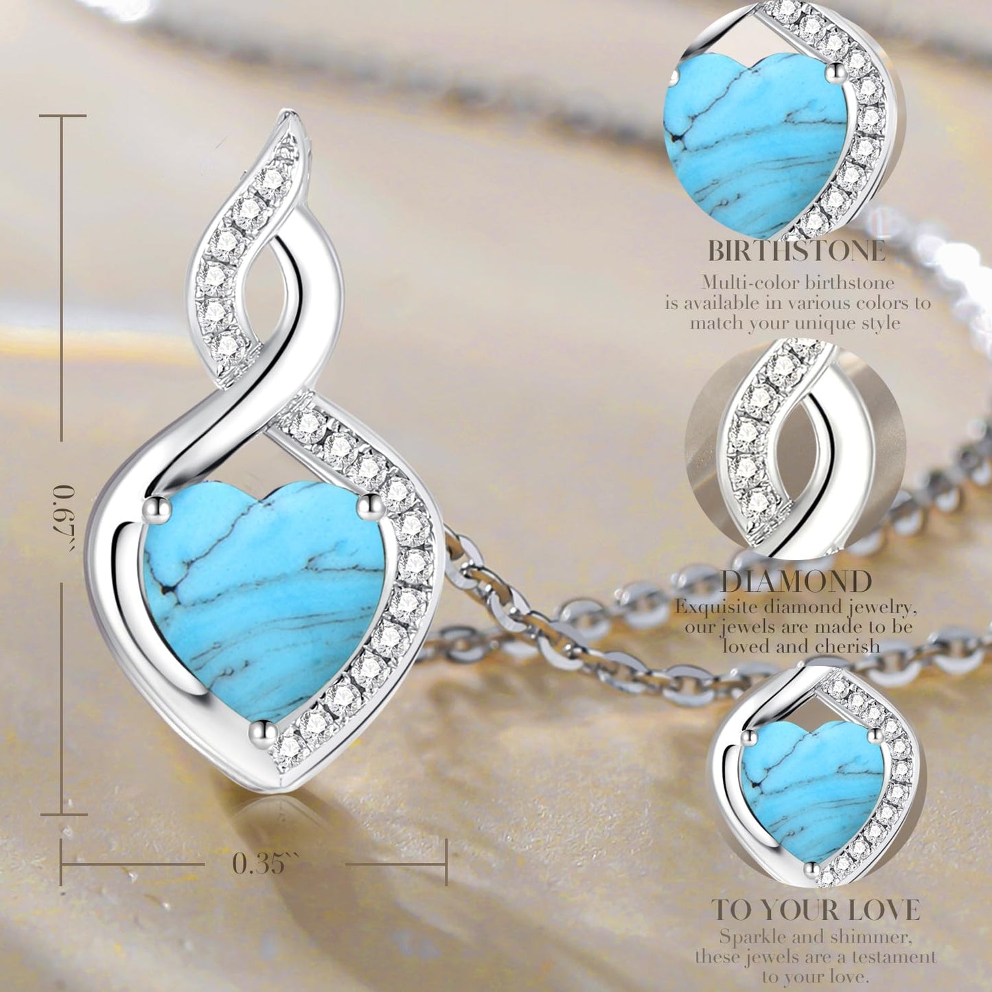 FANCIME Turquoise Necklace 14K Solid White Gold Heart Pendant with Diamond December Birthstone Necklace Jewelry Gifts for Mom Women