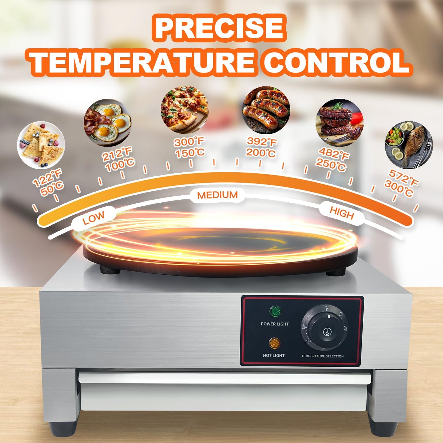XXUNYNUIN Electric Crepe Maker, 16 Inch Commercial Crepe Machine Temp Control 122-572°F, Nonstick Flat Plate Crepe Griddle 1700W