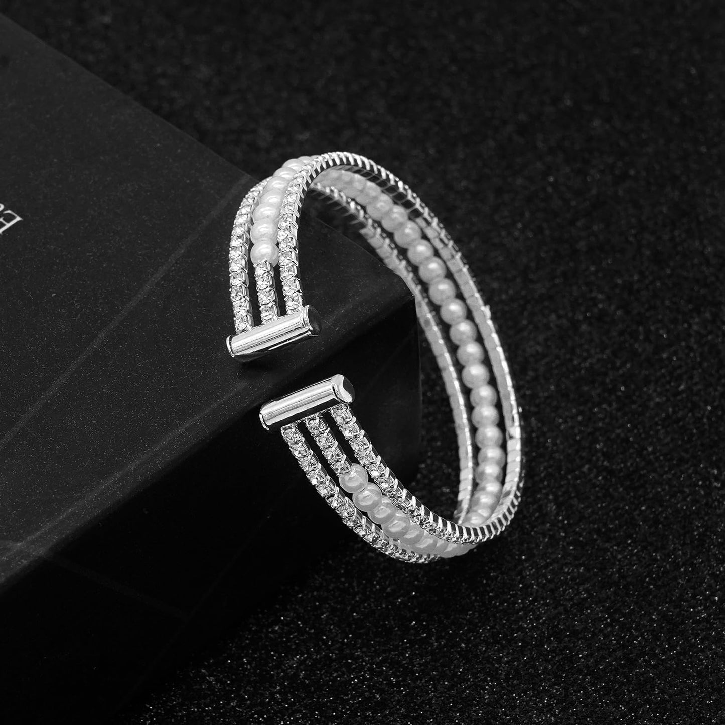 Tidefire Rhinestone Tennis Cuff Bracelet for Women Crystal Bridal Bangle for Prom Wedding Party Dating (1308 Silver)