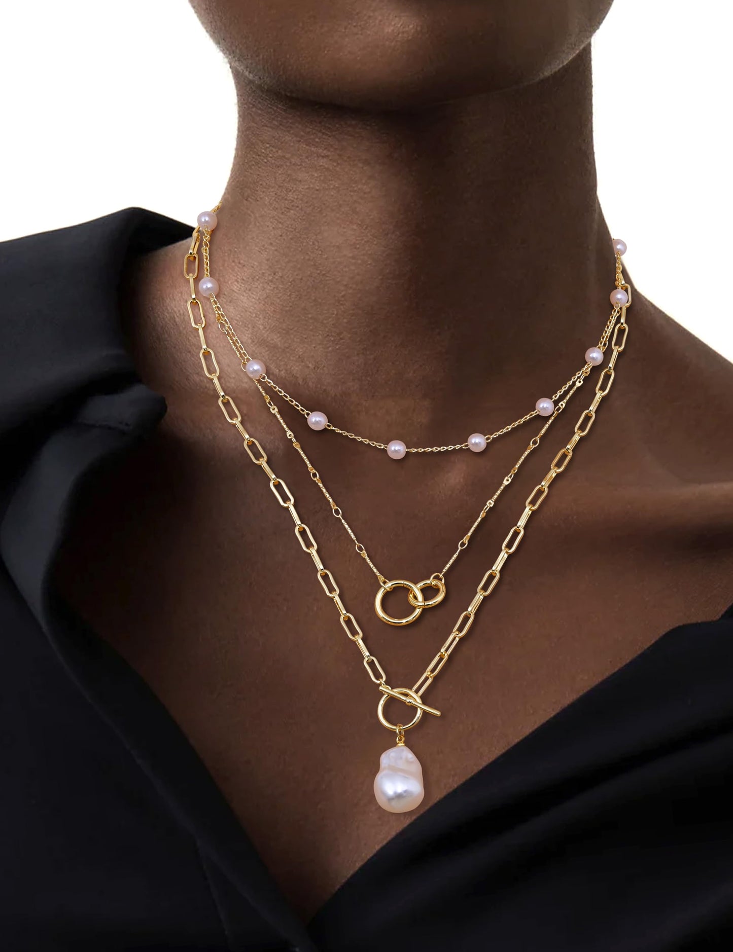 ORAZIO Layered 14K Gold Plated Necklaces for Women Dainty Necklace Stack Silver Plated Non Tarnish Free Pendant Chunky Chain Pearl Paperclip Cross Heart Necklace Set for Women B