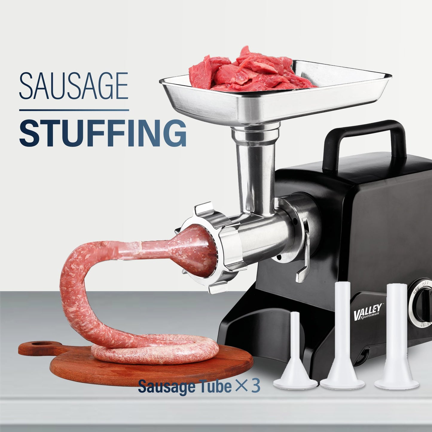 Valley Sportsman Electric Meat Grinder - Meat Grinder Machine with Stainless Steel Blades and 3 Grinding Plates, Heavy Duty Meat Mincer, Sausage Stuffer Maker for Home Use, Black