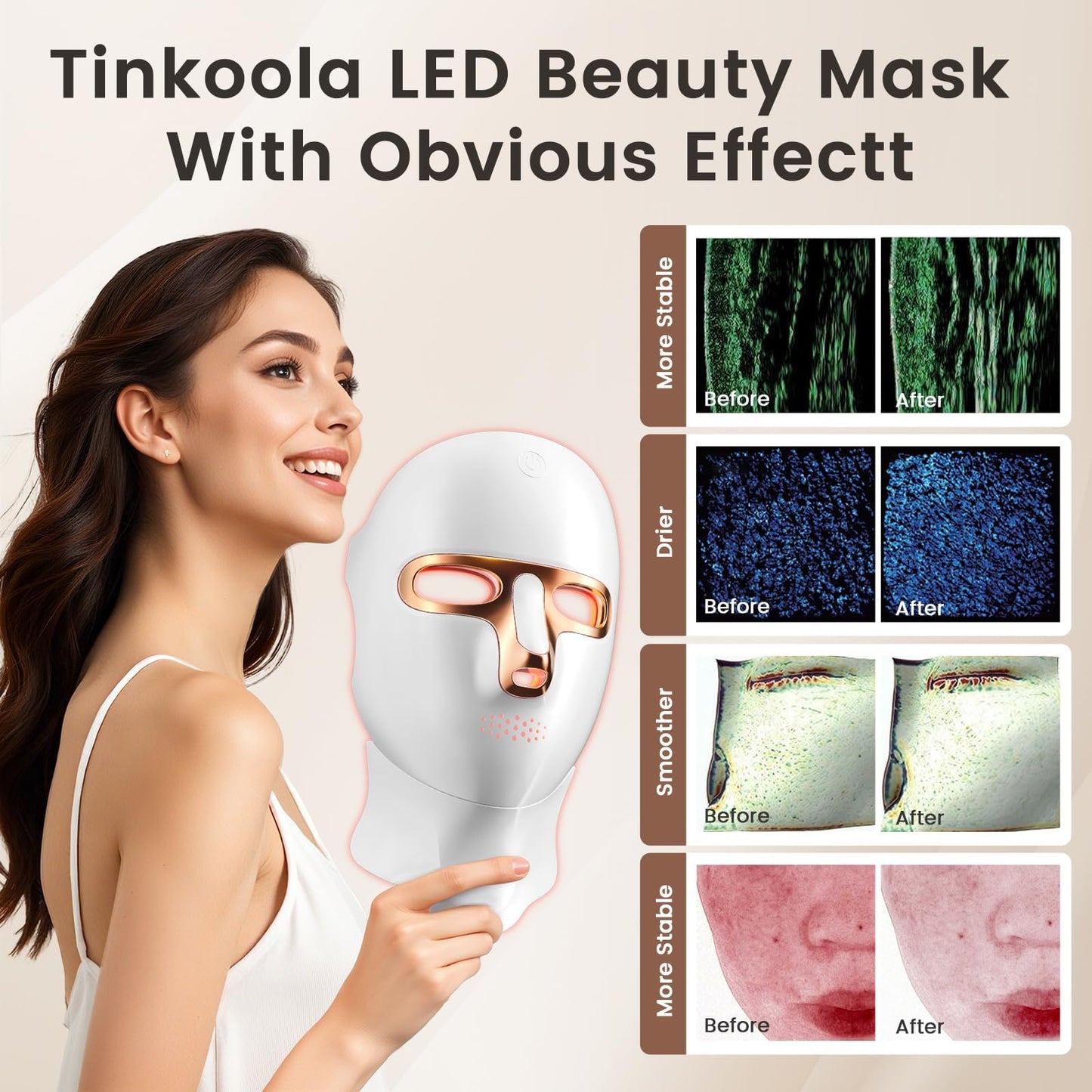 tinkoola Red Light Therapy Mask for Face & Neck, LED Face Light Therapy,USB C Rechargeable,Infrared Mask for Home Working Travel Yoga (White Gold)