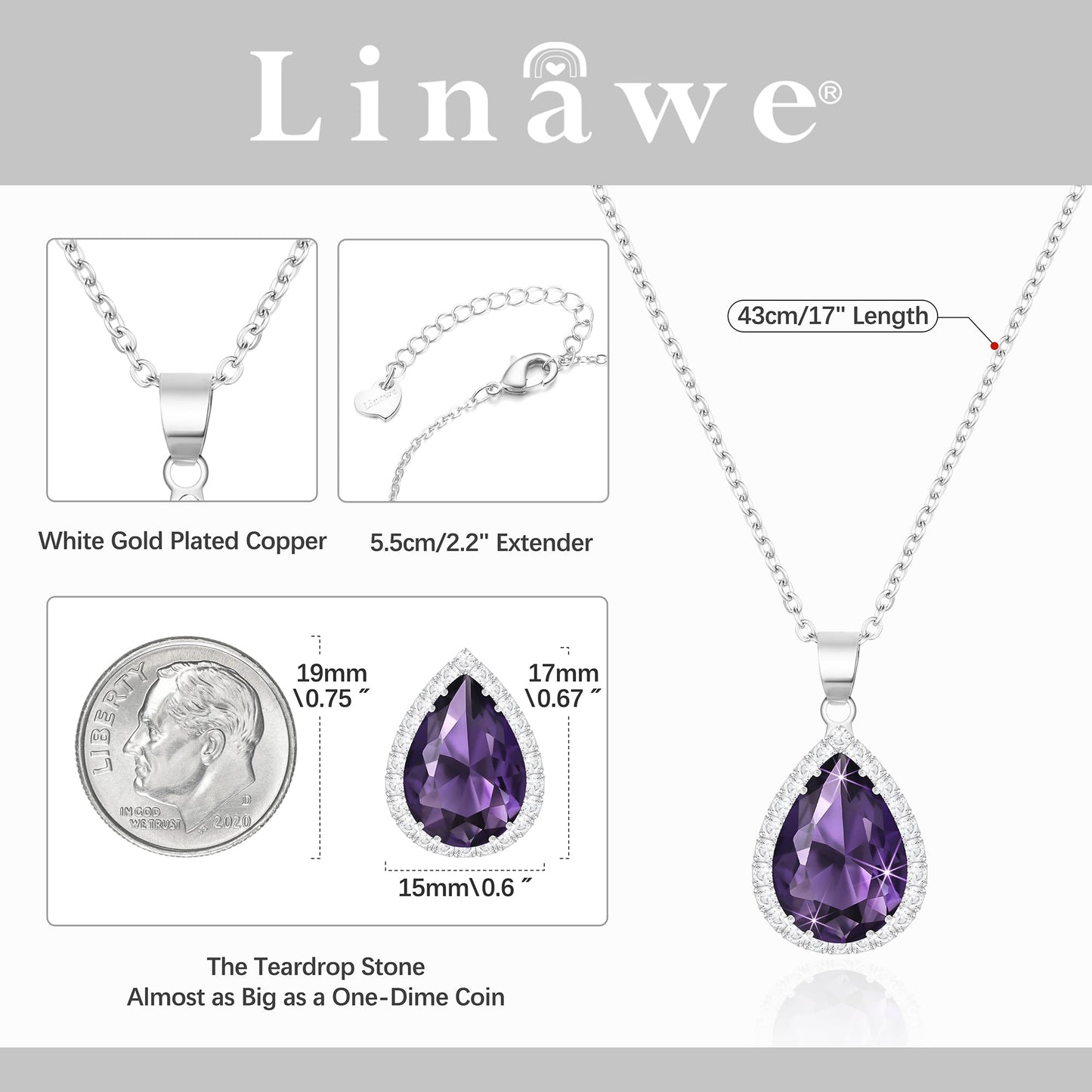 Linawe Amethyst Crystal Silver Chain Necklace for Women Trendy, Purple Imitation Diamond Cubic Zirconia Rhinestone Birthstone Pendant Teardrop Necklace, Moissanite Boho Jewelry