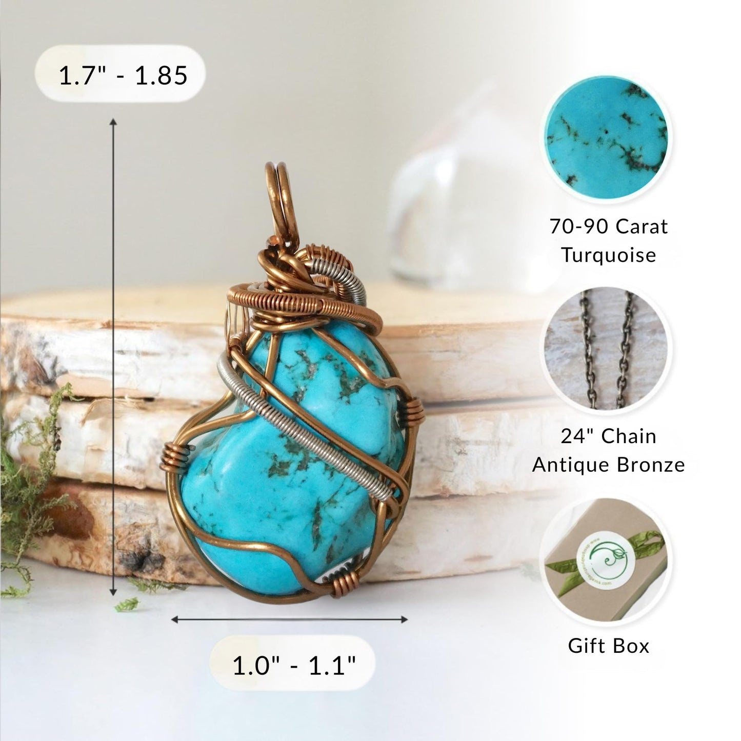 Designs by Nature Gems Natural Turquoise Necklace for Women - December Birthstone Necklace for Women - Designer Pendant Necklace - 70-90 Carat Turquoise, Antique Bronze Chain