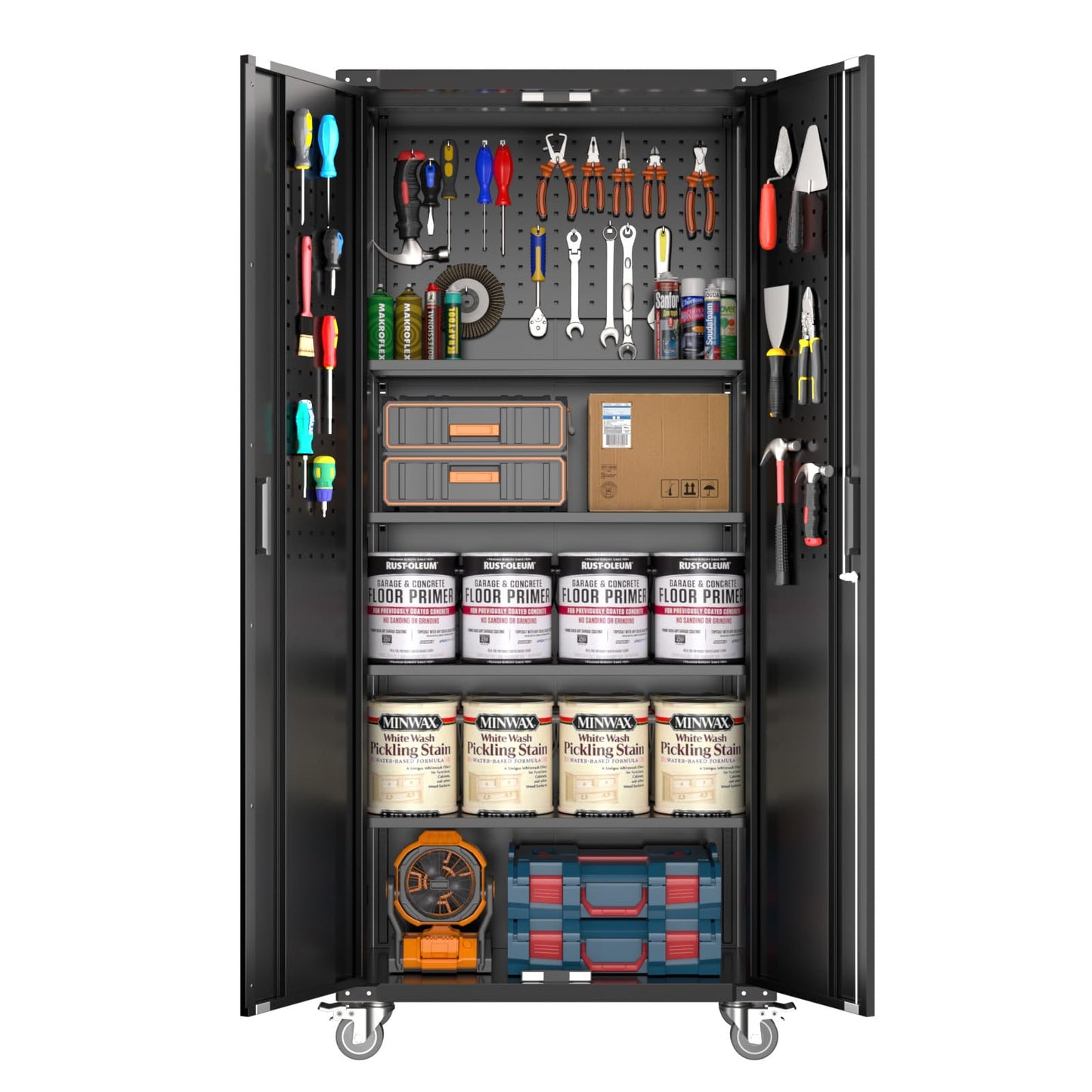 GarveeHome Garage Storage Cabinet 72 in Locking w/Wheels & Pegboard | Heavy-Duty Steel w/ 4 Adjustable Shelves | Workshop Home Office Organizer, Black